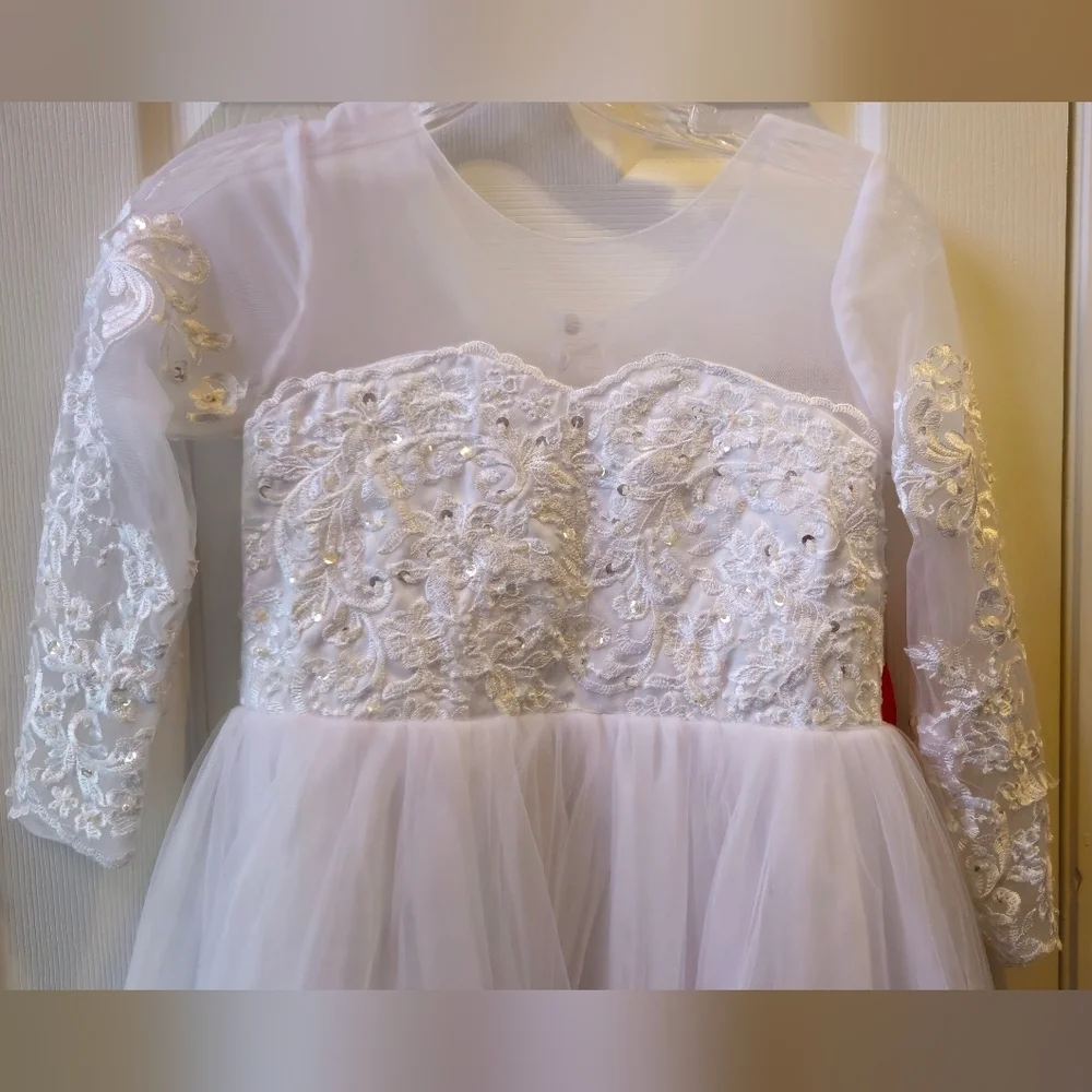 Unbranded White Beaded Tulle First Communion/JR Bridemaid/Formal Dress w/Train